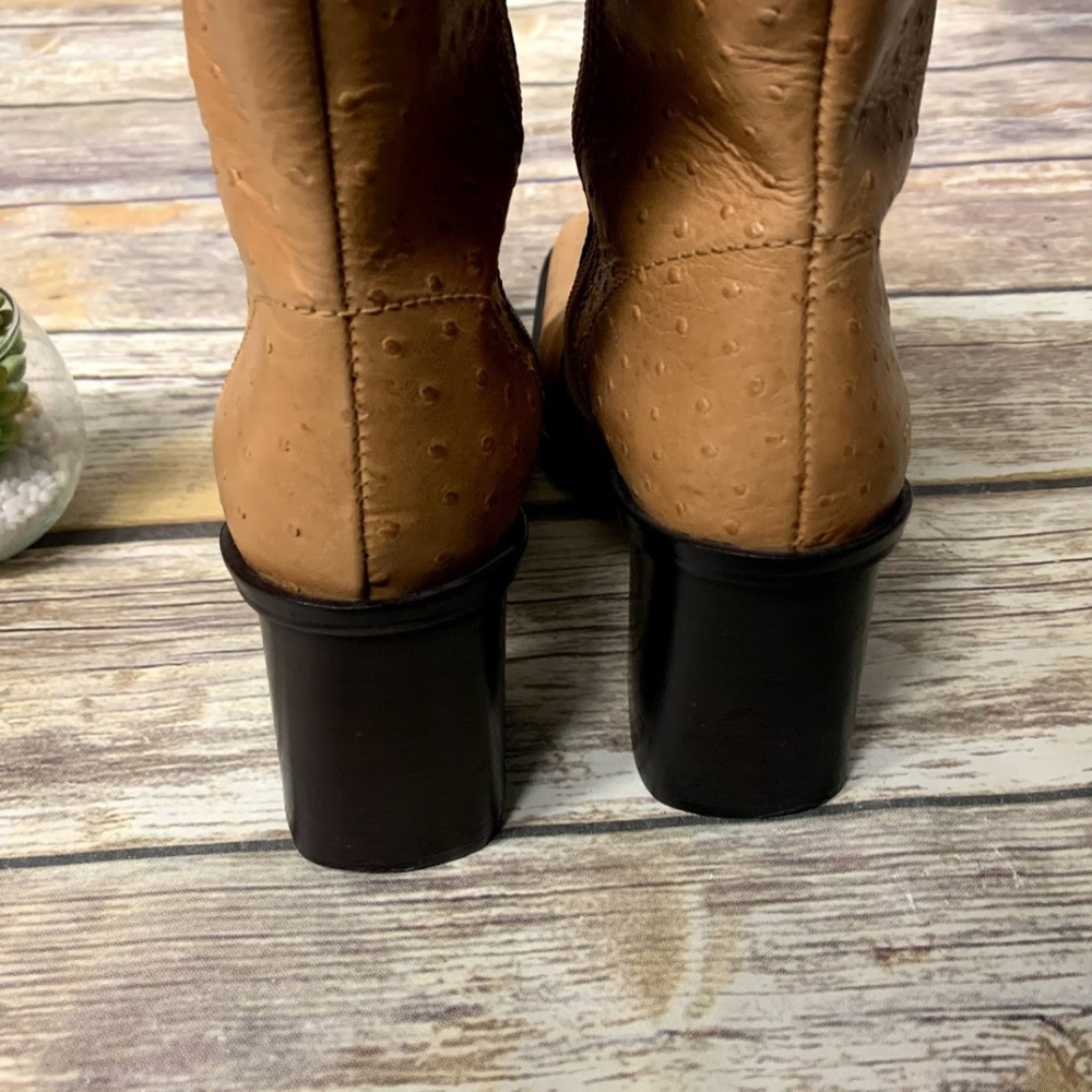 MIA 90s Tan Ostrich Emu Leather Block Heel Boots - Picture 6 of 8